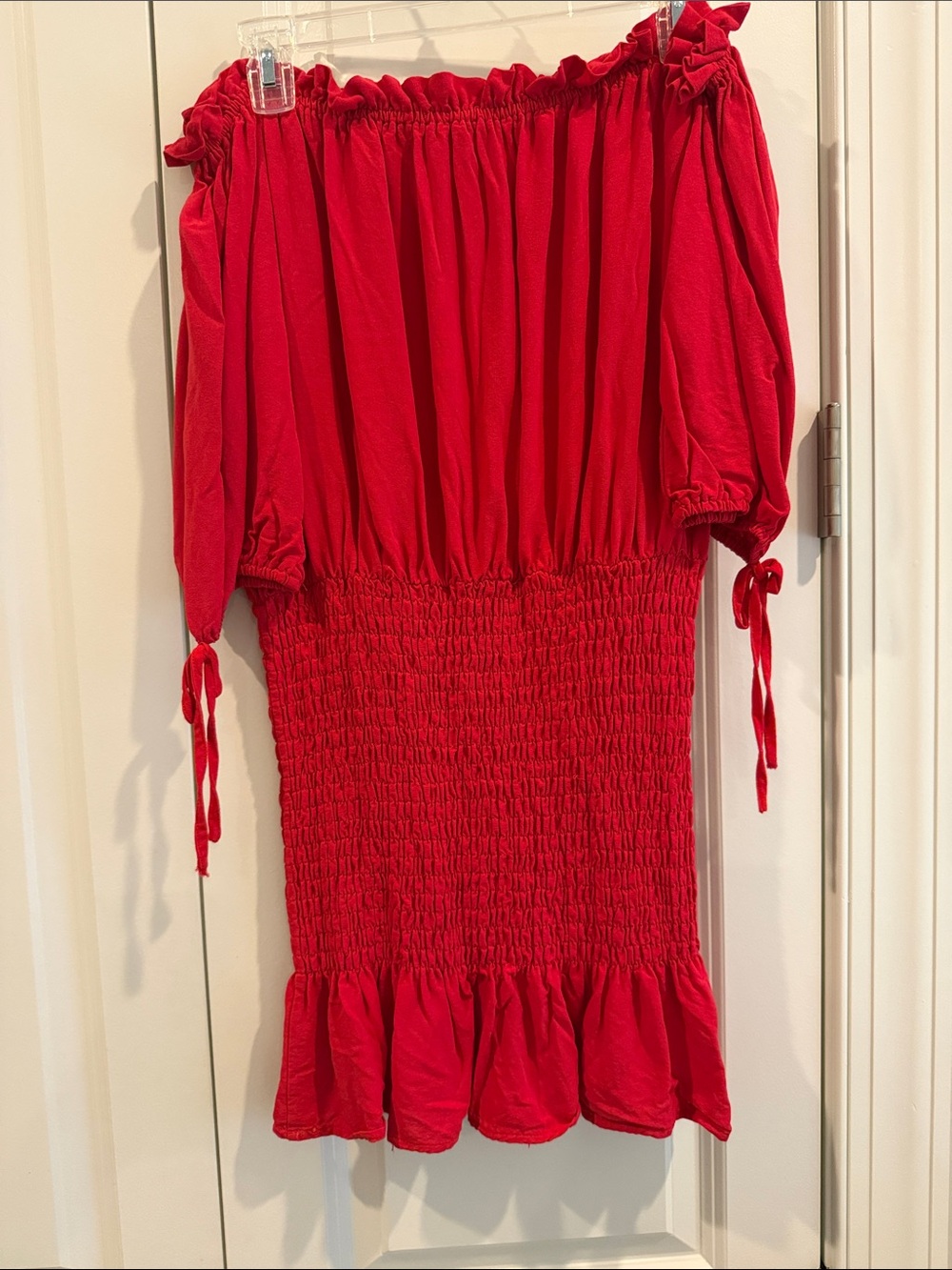 Red Off-Shoulder Smocked Dress